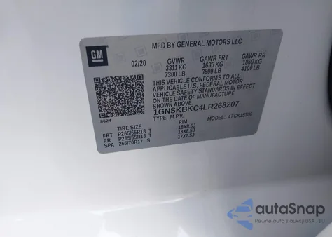 2020 Chevrolet Tahoe 4Wd Lt z USA, uszkodzony, nr VIN 1GNSKBKC4LR268207